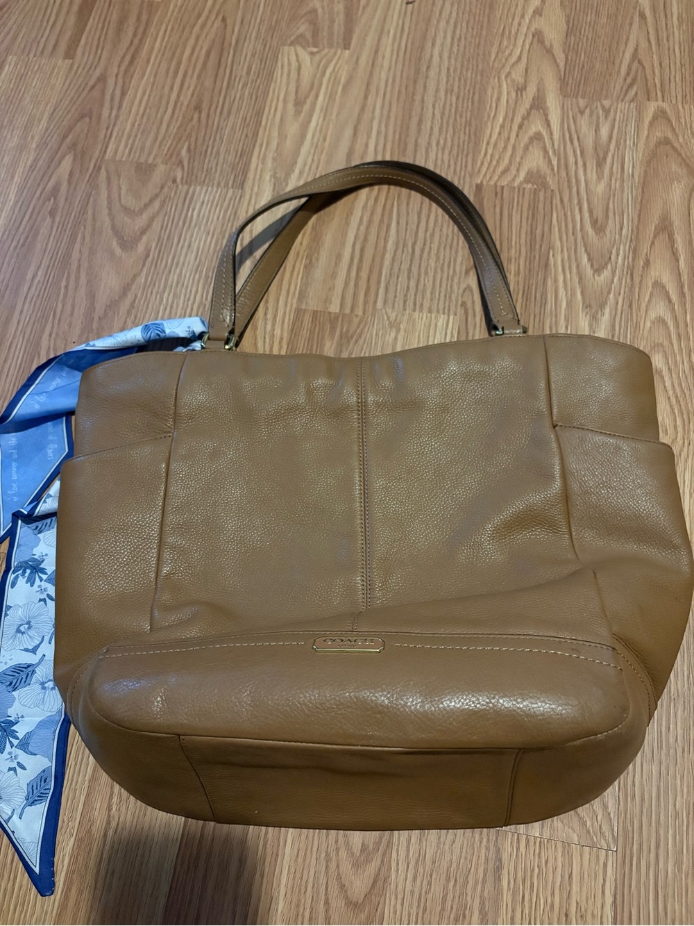 Coach Brown Leather Tote with Blue Scarf Accent